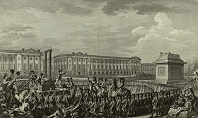 The execution of Louis XVI. Crowds of people are gathered and a guillotine is in the center of the square. 