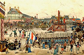 The execution of Robespierre. Crowds of people are gathered and a guillotine is in the center of the square. 