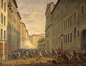 The Day of the Tiles riot in the Street. Groups of men are fighting.