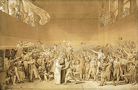 A group of men gathered in a large room partaking of the Tennis Court Oath.