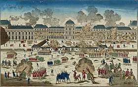 The storming of Tuileries Palace. Groups of soldiers are outside a palace and there is lots of smoke.