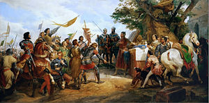 Philip II is victorious at the Battle at Bouvines. There are many men and horses saluting him. 