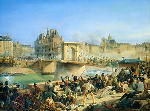 Groups of men are taking the Hôtel de Ville de Paris by shooting cannons across the river at it. 