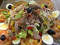 Image of a salad with meat, eggs, tomatoes, onions, and olives. 