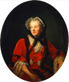 A portrait of Queen Marie Leszczyńska dressed in red with a bonnet on.