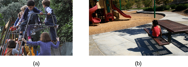 Photograph A shows several children climbing on playground equipment. Photograph B shows a child sitting alone at a table looking at the playground.