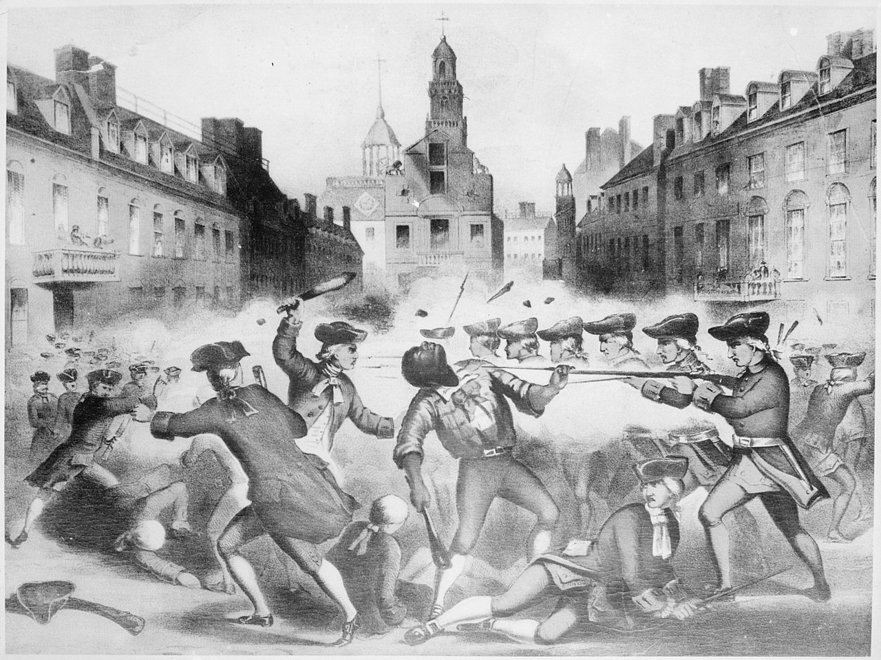 Scene of a fight between colonists with clubs on the left and British soldiers with long guns and bayonets on the right. A black man (Attucks) falls backward while griping a British soldier's long gun at the center of the image.