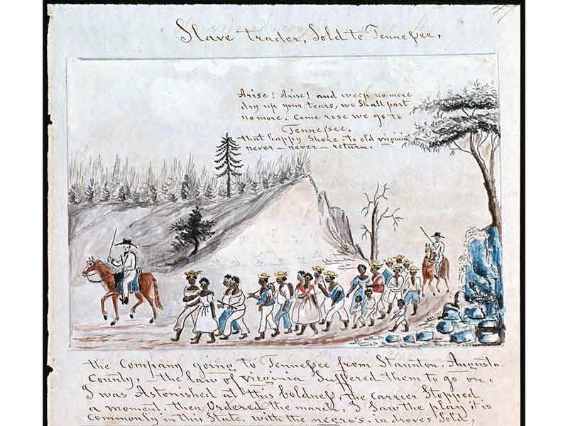 Two white men on horseback, one in the front and one in the back of a group of about 20 African American men, women and children. They all march around the curve of a small hill. 