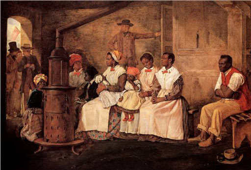 One African American man, five women and three children sit on wooden benches by a stove. One of the children is asleep in her mother's lap. Three white men stand at the door in hushed conversation. Another man stands in the middle background holding a door open with one hand and the other hand on his hip.