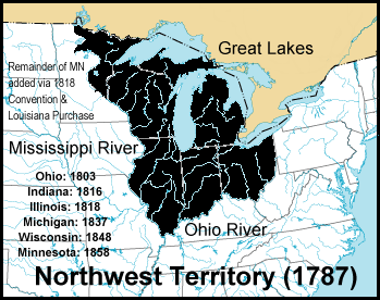 Map of Great lakes region and surrounding states. The states of Ohio, Indiana, Illinois, Michigan, Wisconsin, and parts of Minnesota are darkened. These areas are labeled as ‘Northwest territory (1787)’.
