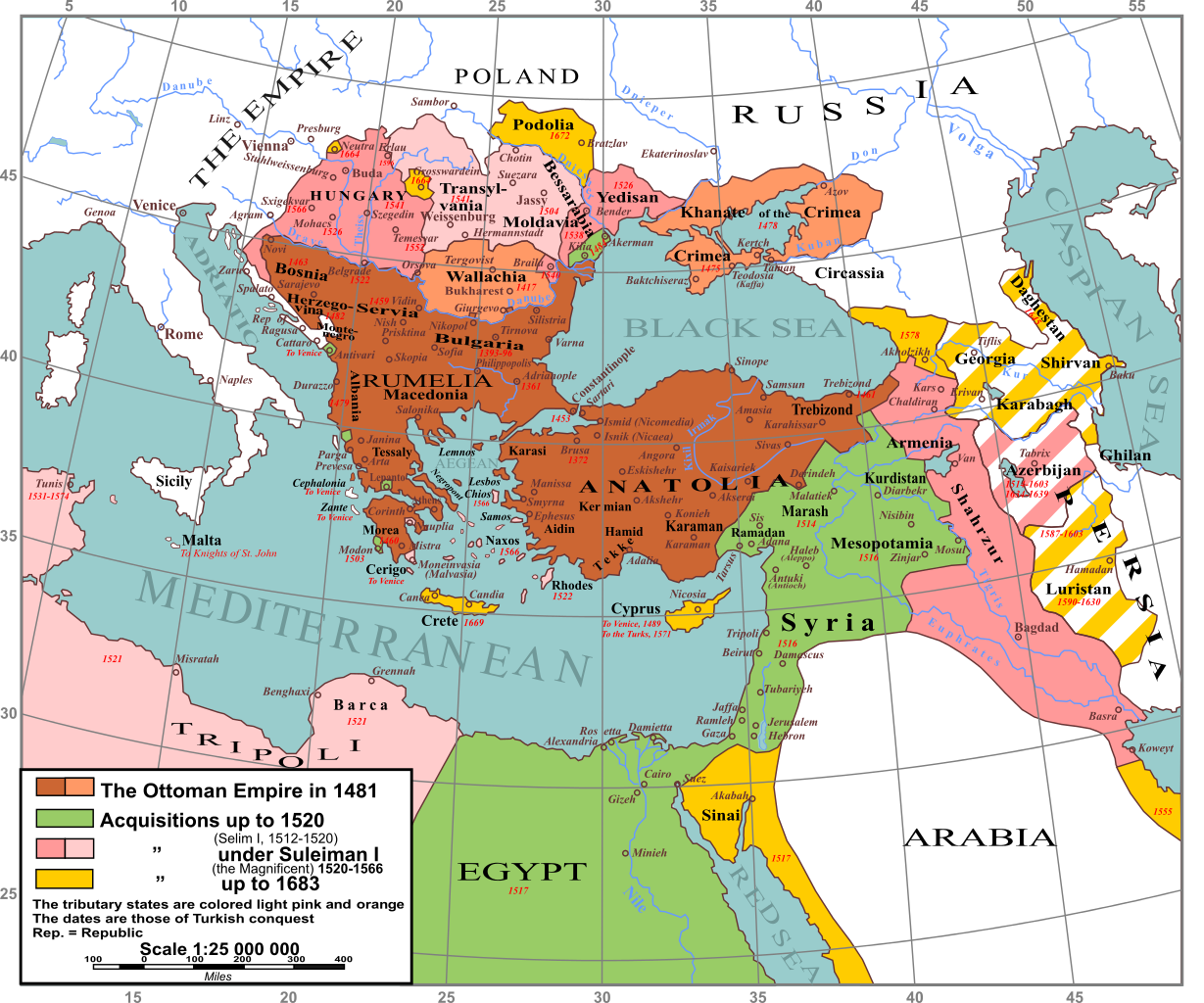 Map includes northern Africa from Tunis eastward to Eygpt and extends around the eastern portion of the Mediterranean Sea to include Syria and Sinai. It then extends eastward to through Persia (modern day Iraq), north and westward to Anatolia and Rumelia (modern day Turkey and Greece), and northward from Rumelia to Hungary and Transylvania into modern day Poland. 