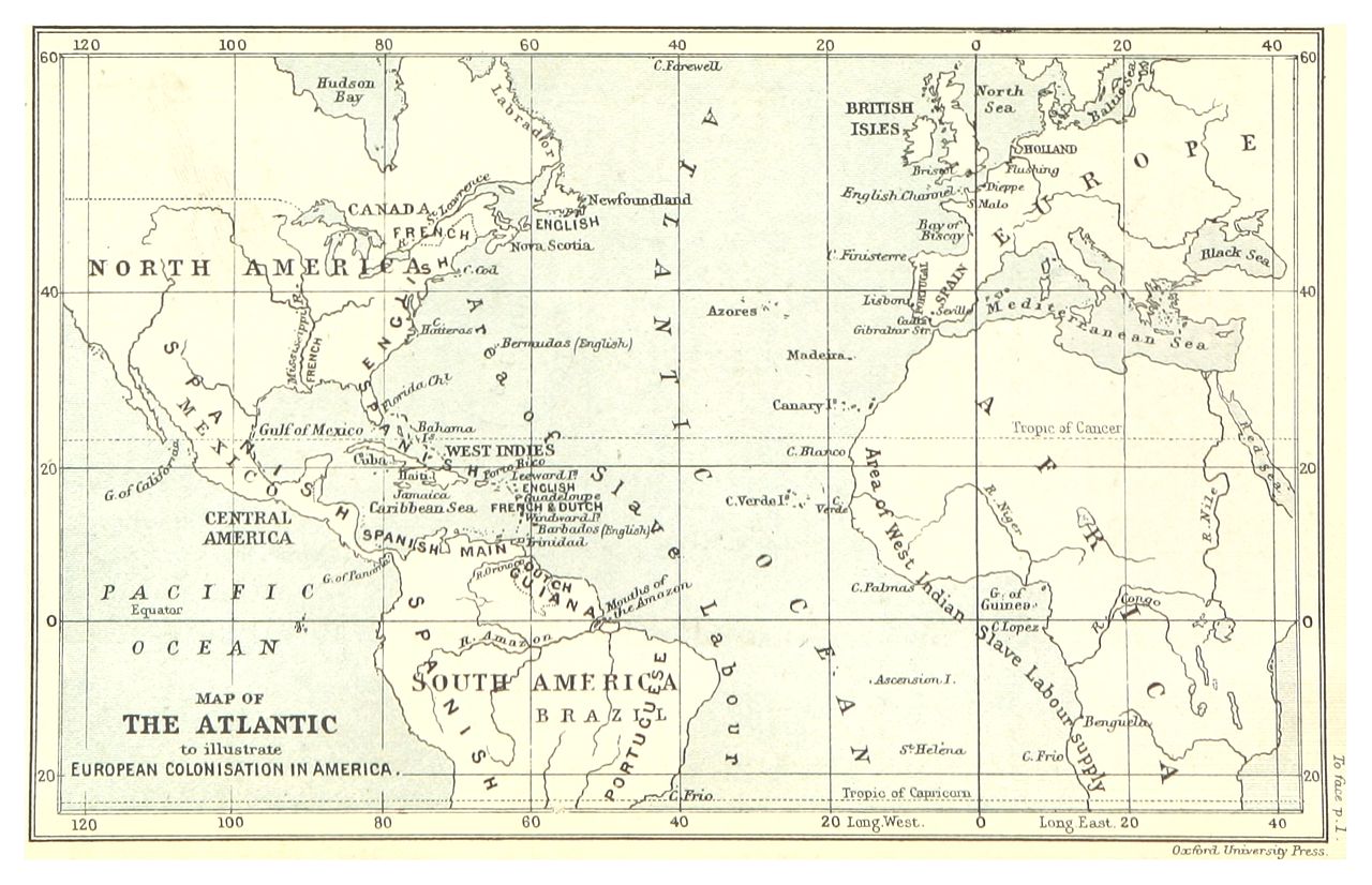 Map shows both sides of the Atlantic Ocean. ‘Area of west Indian Slave Labour supply’ is marked across the western portion of Africa — reaching from the Tropic of Cancer to the Tropic of Capricorn. On the left side, ‘Area of Slave Labour’ is marked from approximately Cape Cod to the Tropic of Capricorn. This mark follows the eastern coastline.