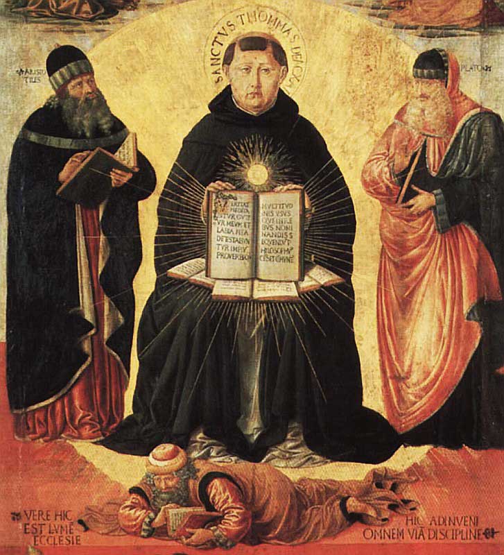 Painting of St. Thomas Aquinas sitting between Aristotle and Plato. Aquinas holds his theological work, Summa Theologica, in his lap. The brilliant light that emanates from the book connote its inspired status.