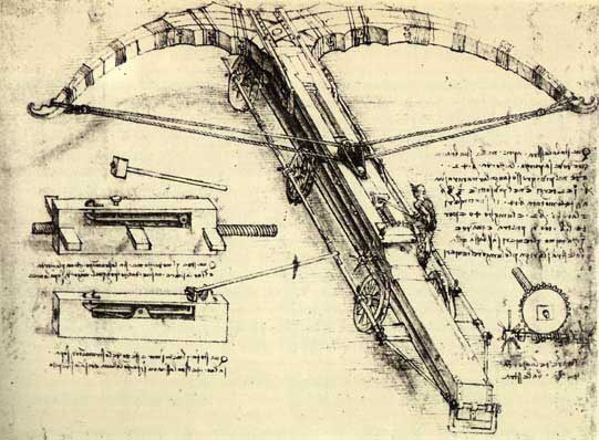 Paper and ink sketch of the crossbow mechanism by Leonardo da Vinci