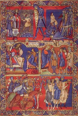 Picture of the 'Morgan Leaf', or page from the Winchester Bible. This particular leaf tells the story of David becoming king in five illustrated boxes.