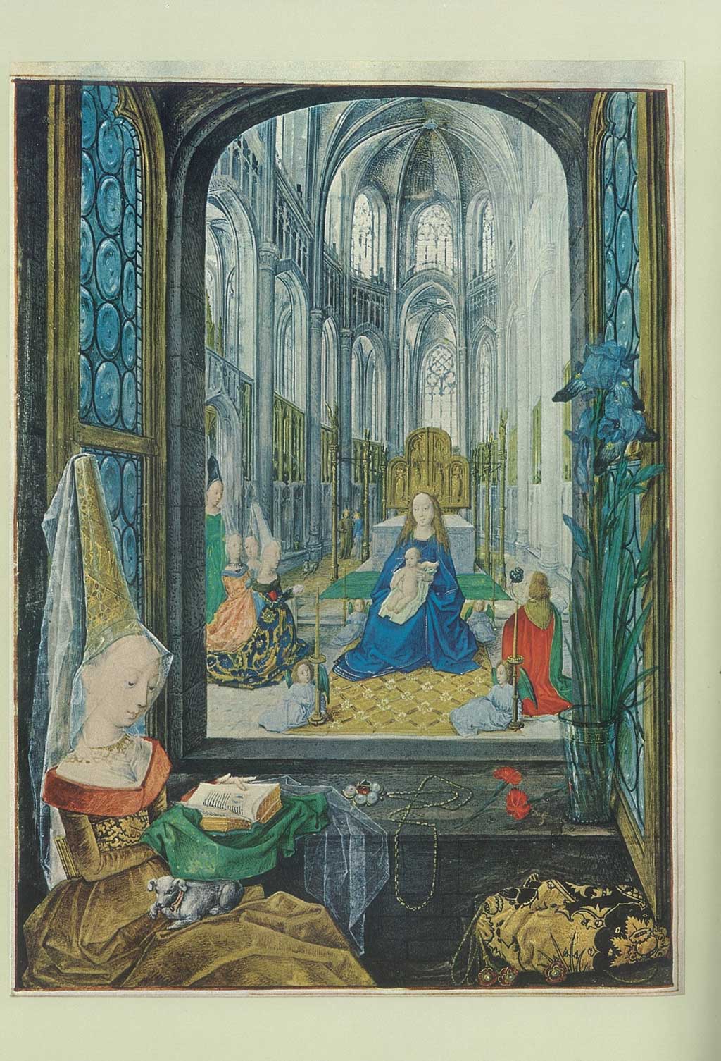 Painting of a woman reading a book, sitting in front of a miniature depiction of Mary with the child Jesus on her lap.
