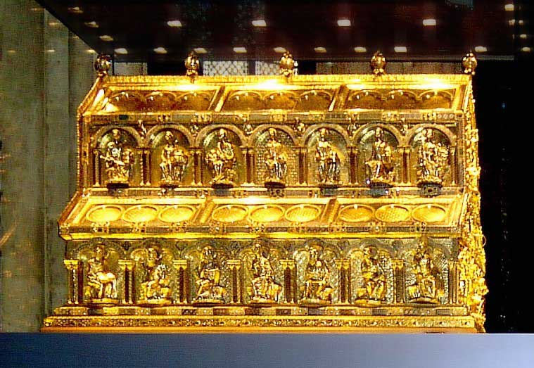 Image of the glimmering Shrine of the Three Kings as Cologne Cathedral. Laden with gold, legend holds that the sarcophagus holds the bones of the Magi who visited Jesus at his birth.
