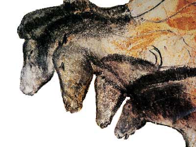 Image of a four multi-colored horses overlapping one another from the Chauvet Cave in France. The image demonstrates multi–dimensionality and a layered perspective.