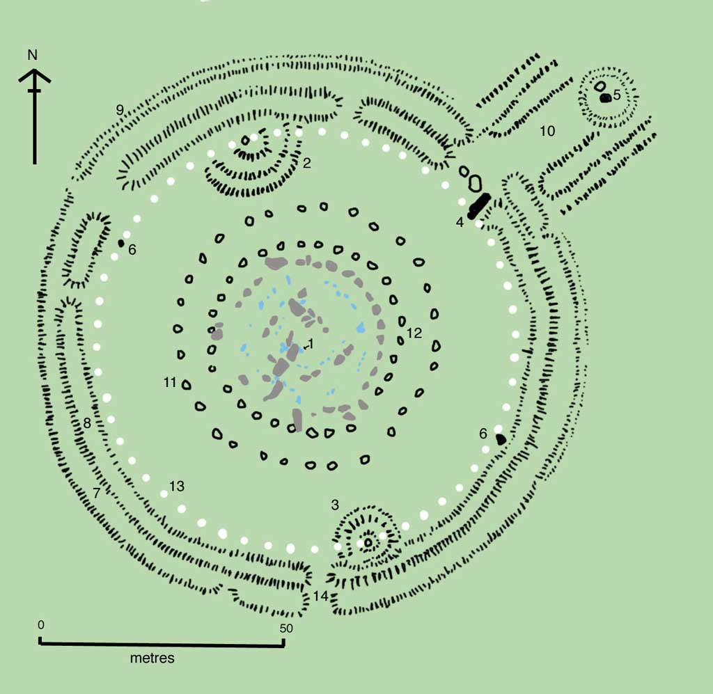Image of an above ground layout of Stonehenge. In the top corner right of the plan is an entry way leading to the large earthen grounds where the megalith lies. At the center of the map are the stone markers laid out in a circular pattern denoting the plan of Stonehenge.