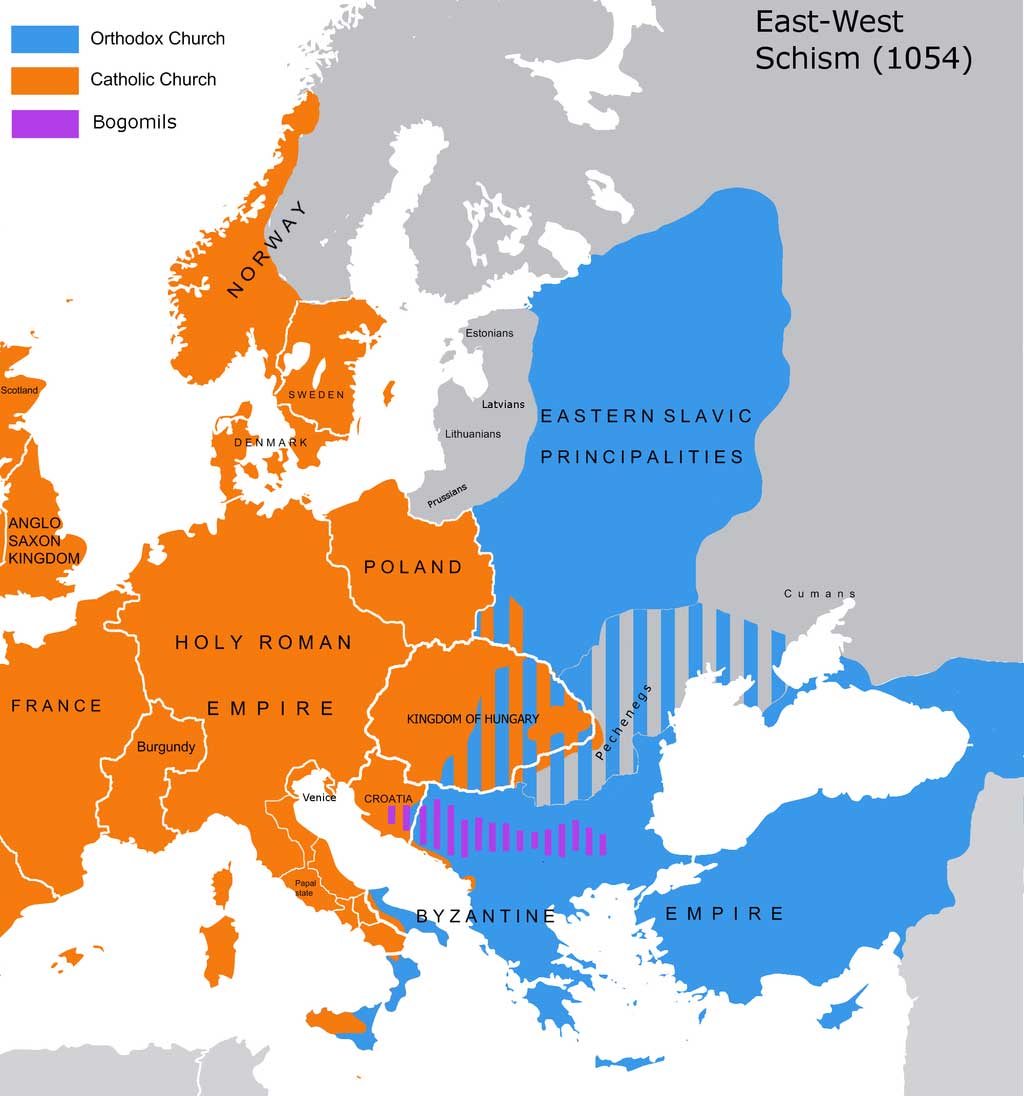 Map of Europe at 1054, at the time of the East-West Schism. Shaded in orange to the left of the map are the kingdoms that comprise the Latin West such as the Holy Roman Empire in the region of modern day Germany and Italy, the Anglo-Saxon Kingdom in the region of the modern day Britain, and the kingdom of France. Shaded in blue to the right of the map is the Byzantine Empire comprising all of Eastern Europe and Turkey.