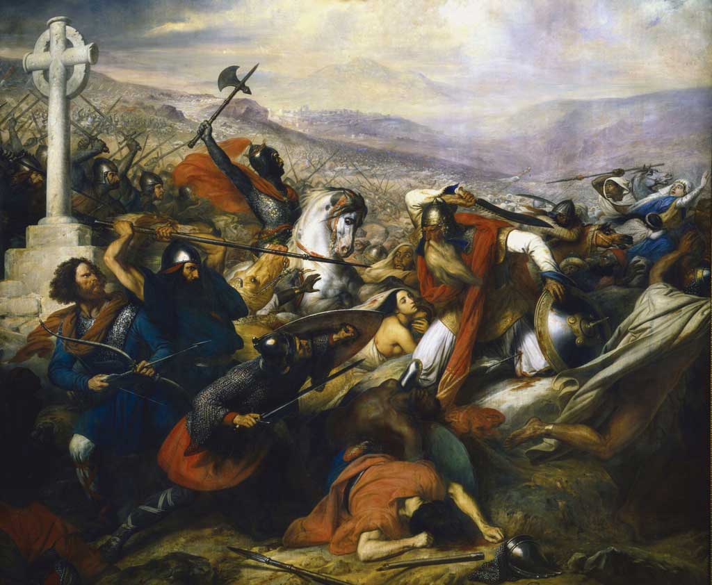 The painting by Charles de Steuben depicts an armored Charles Martel on his luminous steed, triumphantly leading his horde of soldiers against a the Muslim warriors of the Umayyad Caliphate, led by their general, 'Abdul Rahman Al Ghafiqi.