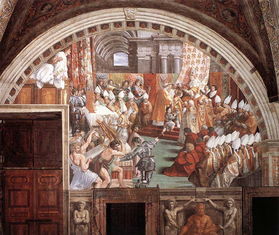 Painting by Raphael illustrating the Coronation of Charlemagne. Before a throng of Catholic priests, Pope Leo crowns Charlemagne who kneels before him.