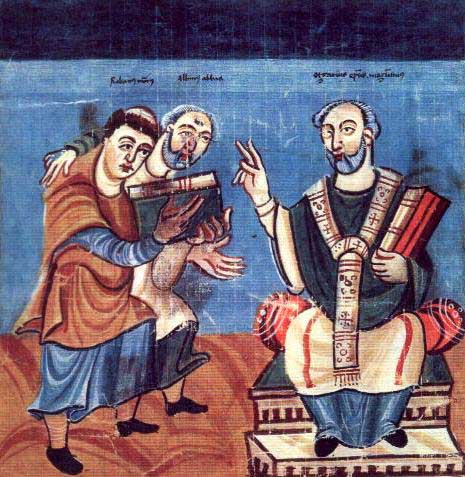 A painting of two students being taught by of the leading scholars of the Carolingian Renaissance, Alcuin.