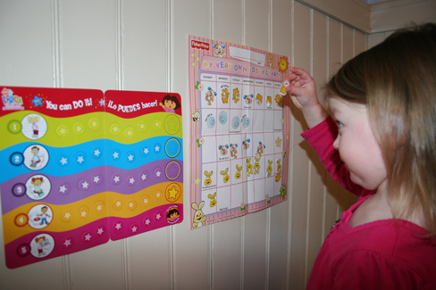 A photograph shows a child placing stickers on a chart hanging on the wall.