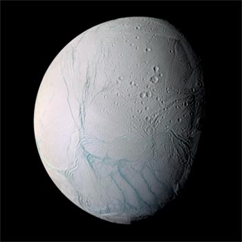 Image of Saturn’s Satellite Enceladus showing distinctive twisted surface features.