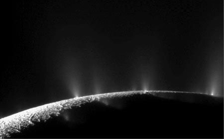 Image of Black and white image showing Geysers erupting upward from Enceladus.
