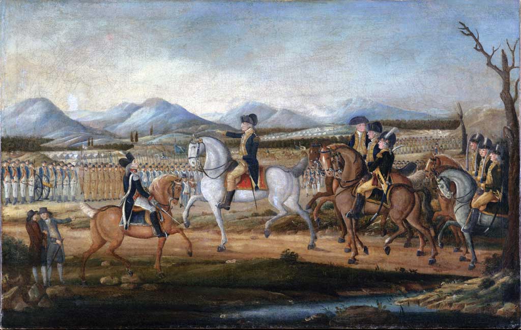 This painting depicts George Washington and his troops near Fort Cumberland, Maryland, before their march to suppress the Whiskey Rebellion in western Pennsylvania.