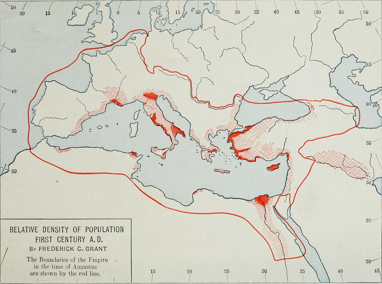Map shows density of early Christian population (first century A.D.) and outlines the boundaries of the Empire during the time of Augustus.