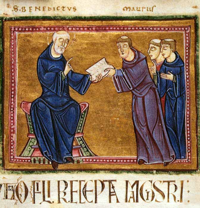 Mural of St. Benedict delivering in writing his rule to the Monks of his Order. Details described in text.