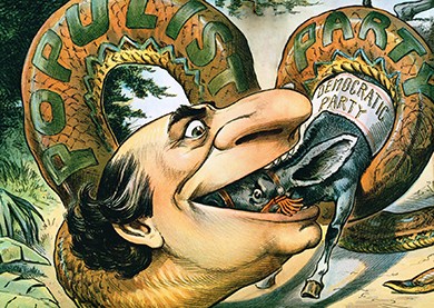 A cartoon shows William Jennings Bryan’s head on the end of a large snake labeled “Populist Party.” He is eating a donkey labeled “Democratic Party.”
