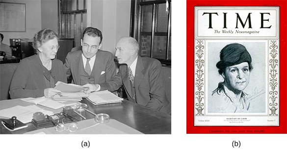 Photograph (a) shows Molly Dewson sitting at a Social Security Board meeting with Chairman Arthur J. Altmeyer and George E. Bigge to her right. Image (b) shows the cover of Time magazine with an illustration of Frances Perkins.