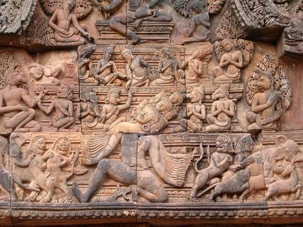 Bas-relief sculpture at the temple Banteay Srei, Angor, Cambodia. Tenth century. Sandstone. 