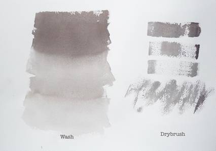 Examples of watercolor painting techniques: on the left, a wash. On the right, dry brush effects. 