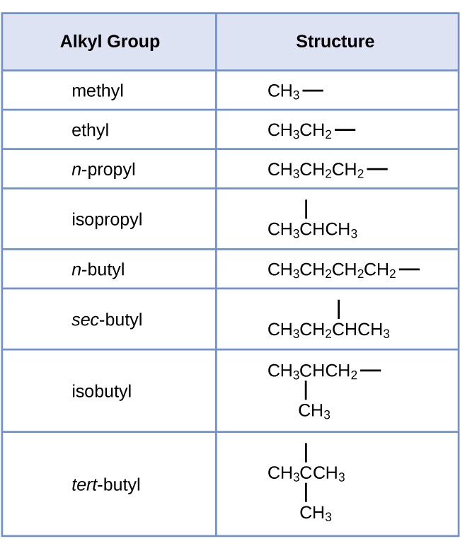 This table provides a listing of alkyl groups and corresponding structures. Methyl is shown as C H subscript 3 followed by a dash. Ethyl is shown as C H subscript 3 C H subscript 2 followed by a dash. n dash propyl is shown as C H subscript 3 C H subscript 2 C H subscript 2 followed by a dash. Isopropyl is shown as C H subscript 3 C H C H subscript 3 with a dash extending upward from the middle C. n dash butyl is shown as C H subscript 3 C H subscript 2 C H subscript 2 C H subscript 2 followed by a dash. sec dash butyl is shown as C H subscript 3 C H subscript 2 C H C H subscript 3 with a dash extending upward from the third C counting left to right. Isobutyl is shown as C H subscript 3 C H C H subscript 2 with a dash extending to the right. There is a C H subscript 3 bonded to the middle C. tert dash butyl is shown as C H subscript 3 C C H subscript 3 with a C H subscript 3 group bonded below the middle C and a dash extending upward from the central C.