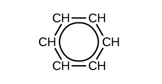 A six carbon hydrocarbon ring structural formula is shown. Each C atom is bonded to only one H atom. A circle is at the center of the ring.