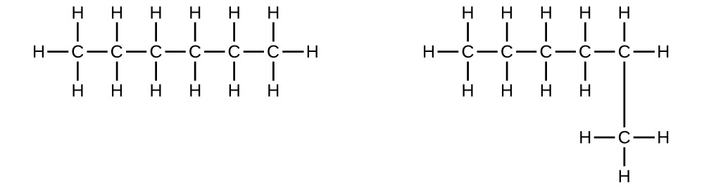 Two structural formulas are shown. In the first, a horizontal hydrocarbon chain consisting of six singly bonded C atoms is shown. Each C atom has an H atom bonded above and below it. The two C atoms on either end of the chain each have a third H atom bonded to them. In the second structure, a horizontal hydrocarbon chain composed of five C atoms connected by single bonds is shown with a sixth C atom singly bonded beneath the right-most C atom. The first C atom (from left to right) has three H atoms bonded to it. The second C atom has two H atoms bonded to it. The third C atom has two H atoms bonded to it. The fourth C atom has two H atoms bonded to it. The fifth C atom has two H atoms bonded to it. The C atom bonded below the fifth C atom has three H atoms bonded to it.
