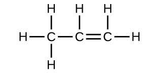 A Lewis structure is shown. A carbon atom is single bonded to three hydrogen atoms and another carbon atom. The second carbon atom is double bonded to another carbon atom and single bonded to a hydrogen atom. The last carbon is single bonded to two hydrogen atoms.