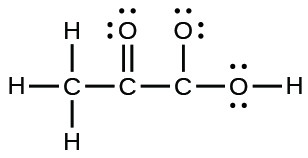 A Lewis structure is shown. A carbon atom is single bonded to three hydrogen atoms and a carbon atom. The carbon atom is single bonded to an oxygen atom and a third carbon atom. This carbon is then single bonded to two oxygen atoms, one of which is single bonded to a hydrogen atom. Each oxygen atom has two lone pairs of electron dots.