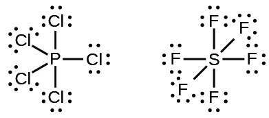 Two Lewis structures are shown. The left shows a phosphorus atom single bonded to five chlorine atoms, each with three lone pairs of electrons. The right shows a sulfur atom single bonded to six fluorine atoms, each with three lone pairs of electrons.