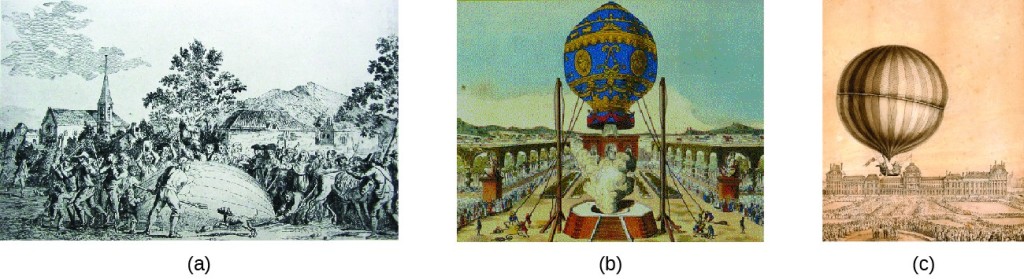 This figure includes three images. Image a is a black and white image of a hydrogen balloon apparently being deflated by a mob of people. In image b, a blue, gold, and red balloon is being held to the ground with ropes while positioned above a platform from which smoke is rising beneath the balloon. In c, an image is shown in grey on a peach-colored background of an inflated balloon with vertical striping in the air. It appears to have a basket attached to its lower side. A large stately building appears in the background.