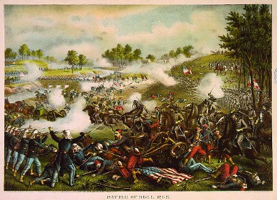 An illustration depicts the First Battle of Bull Run. Union soldiers and horses fall in disarray as Confederates attack; a crumpled American flag lies on the ground beneath the casualties.