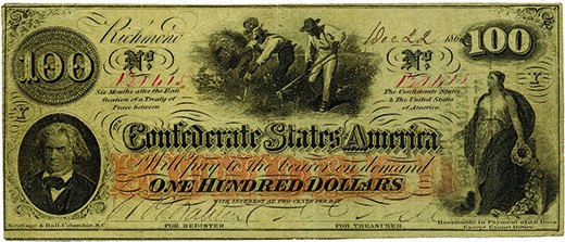 An image of a Confederate one hundred dollar bill is shown. In the lower left-hand corner is a portrait of Jefferson Davis; in the lower right-hand corner, a classically styled woman in a gown holds a garland. At the top of the bill, several black men toil in a field.