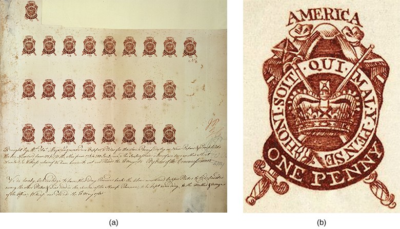 A left-hand image shows a partial proof sheet with several rows of one-penny stamps. A right-hand image shows a close-up of one of these stamps, which depicts a mantle; a circle, with St. Edward’s crown inside; and a scepter and sword, which are crossed behind the crown. The circle is labeled with the words “Honi soit qui mal y pense,” the motto of the highest English order of chivalry. At the top of the design is the word AMERICA; the bottom reads ONE PENNY.