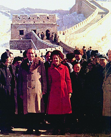 An image of Patricia and Richard Nixon standing on the Great Wall of China.
