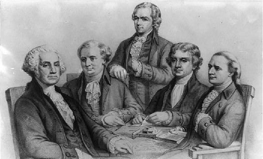 An illustration of George Washington, Henry Knox, Alexander Hamilton, Thomas Jefferson, and Edmund Randolph.