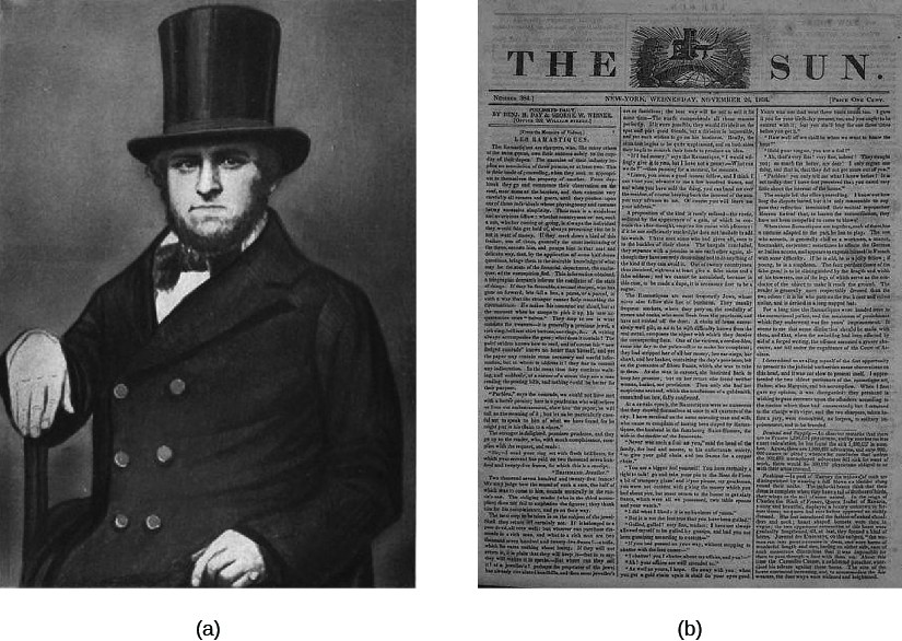 Image A is of Benjamin Day seated. Image B is of a newspaper titled